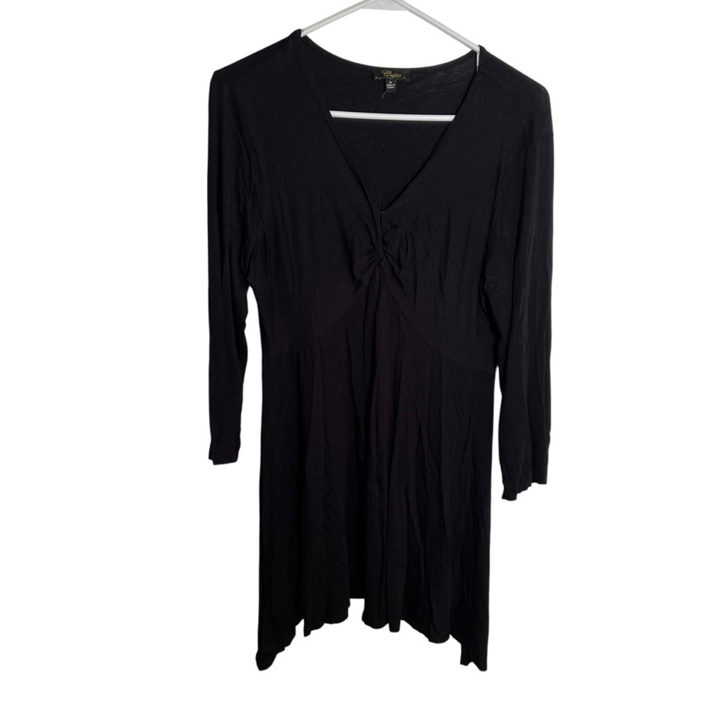 Cupio Women's Size Medium Babydoll Tunic‎ Top Black V-Neck Handkerchief Hem Long